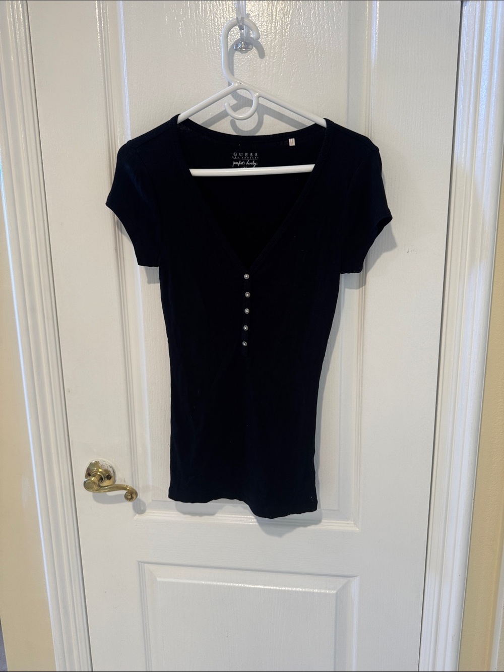 Guess Black Short Sleeve V-Neck Henley Top with Button Placket
